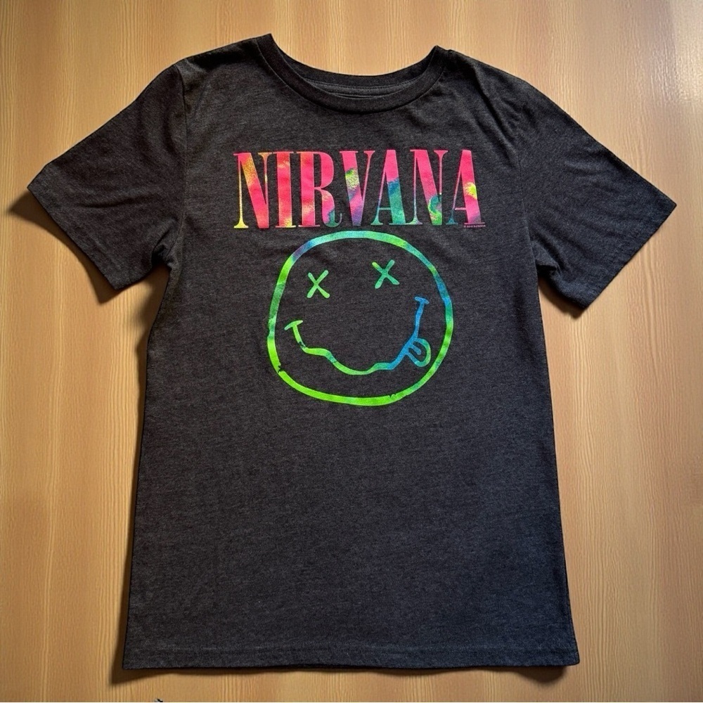 NIRVANA Rainbow Logo Smiley Face T-Shirt – Black  – Size Small